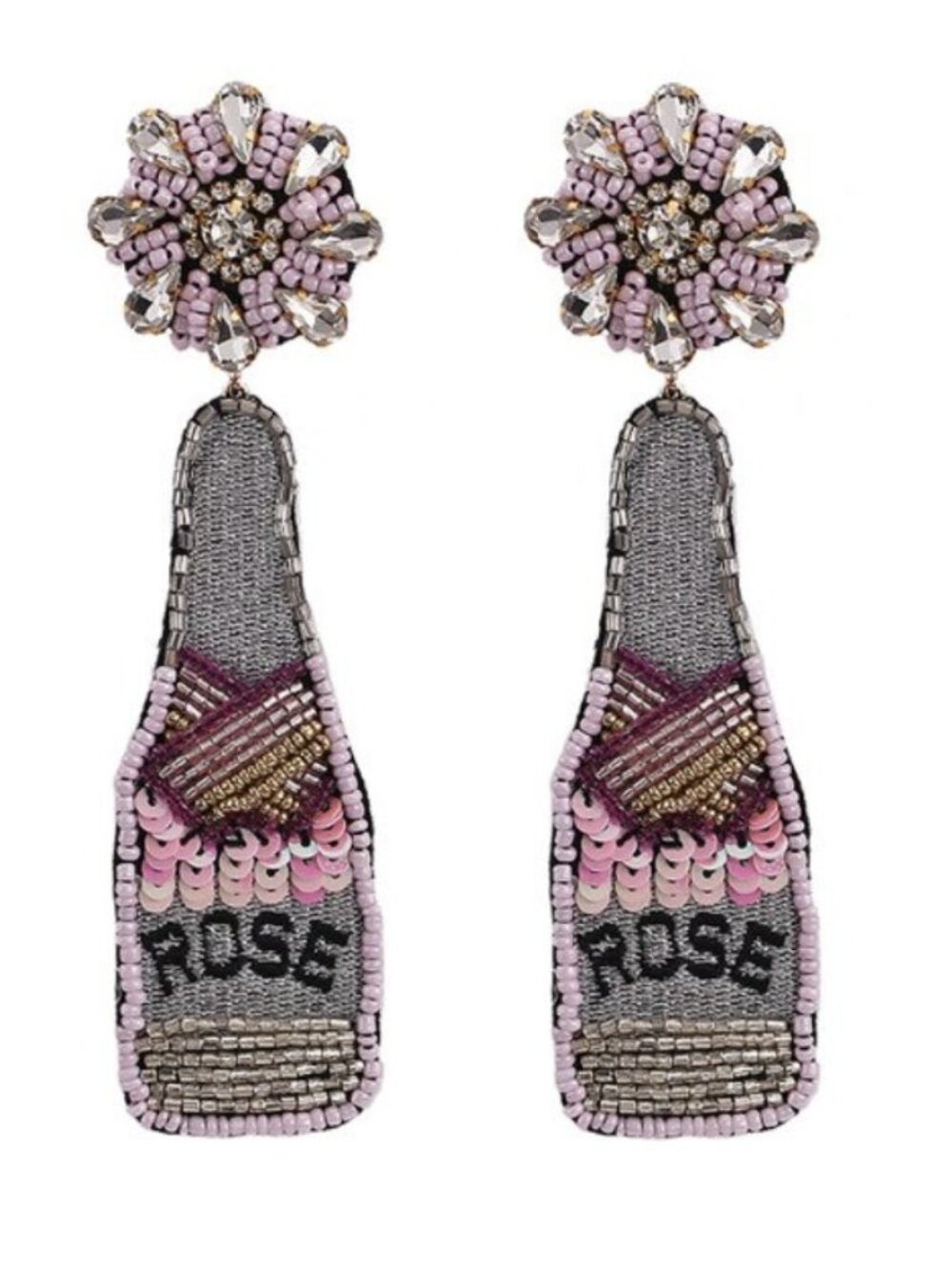 Champagne Bottle Rose Celebration Crystal Sequin Pink Dangle Earrings